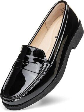 Women's Black Patent Pebbled Leather Penny Loafers Slip On Contrast Shoes Flats